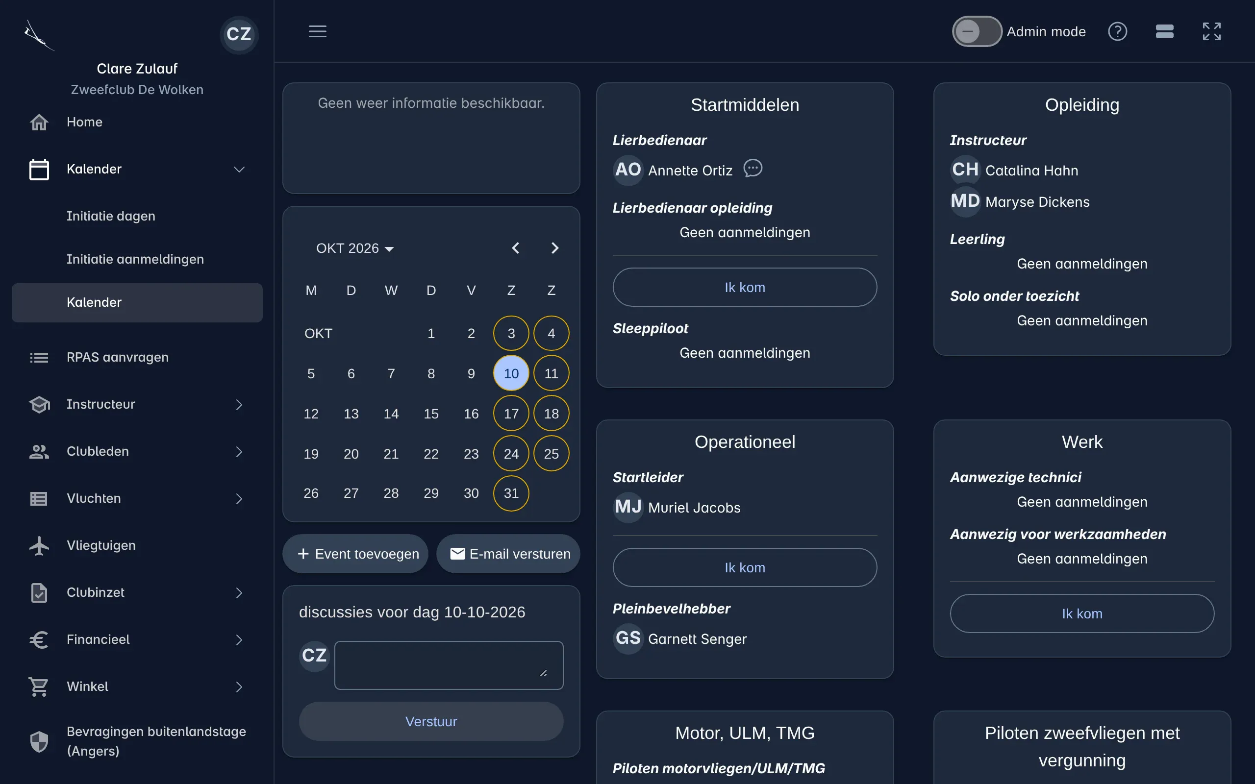 De kalender van een club in Tabbr: een maand, en per taak wie er komt, met de knop Ik kom