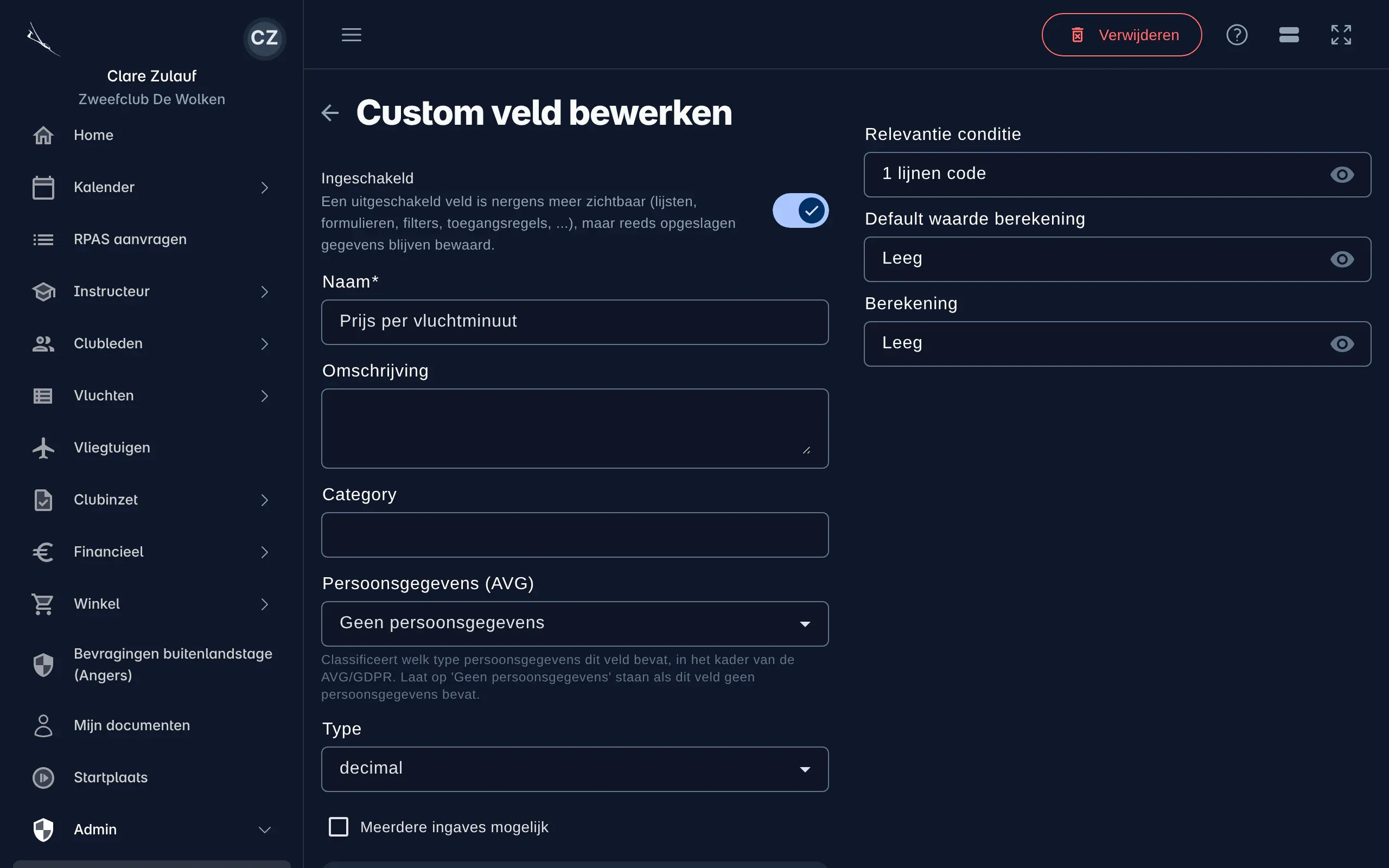 Een eigen veld bewerken: Prijs per vluchtminuut, van het type decimal, met een berekening