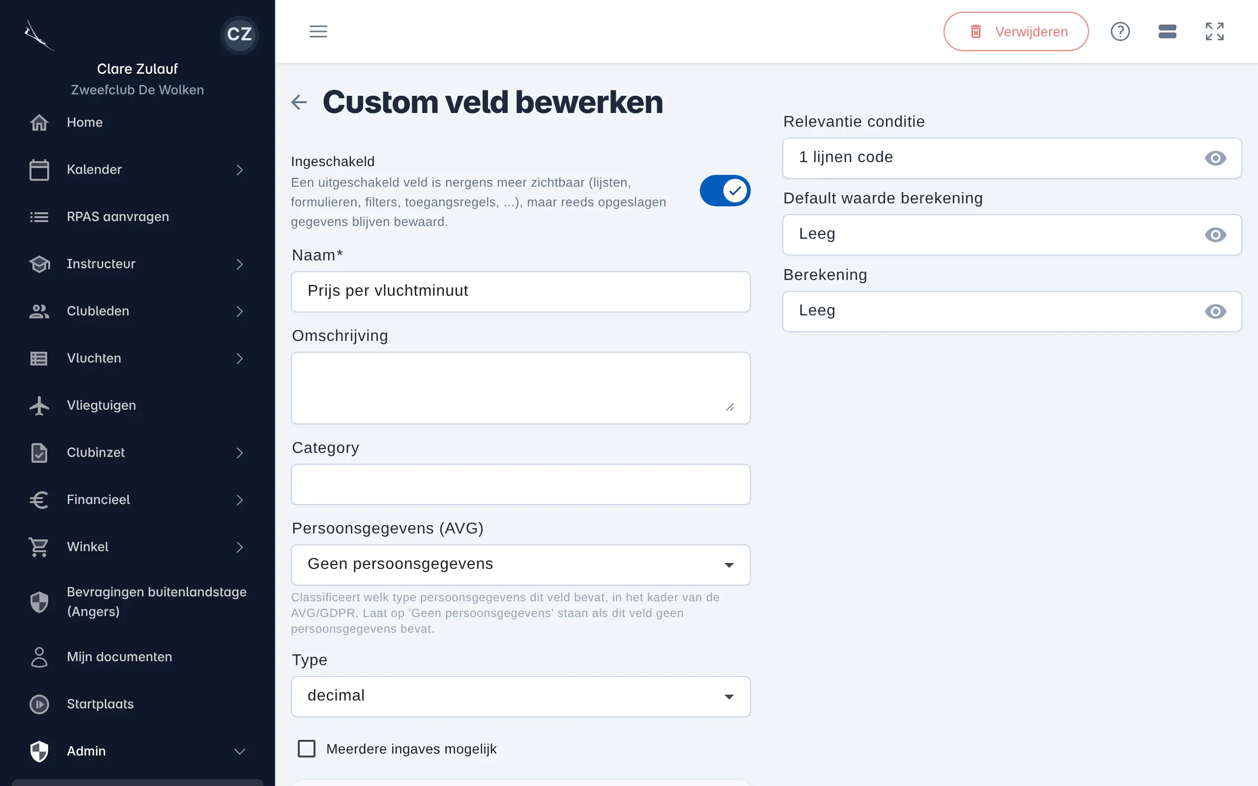 Een eigen veld bewerken: Prijs per vluchtminuut, van het type decimal, met een berekening